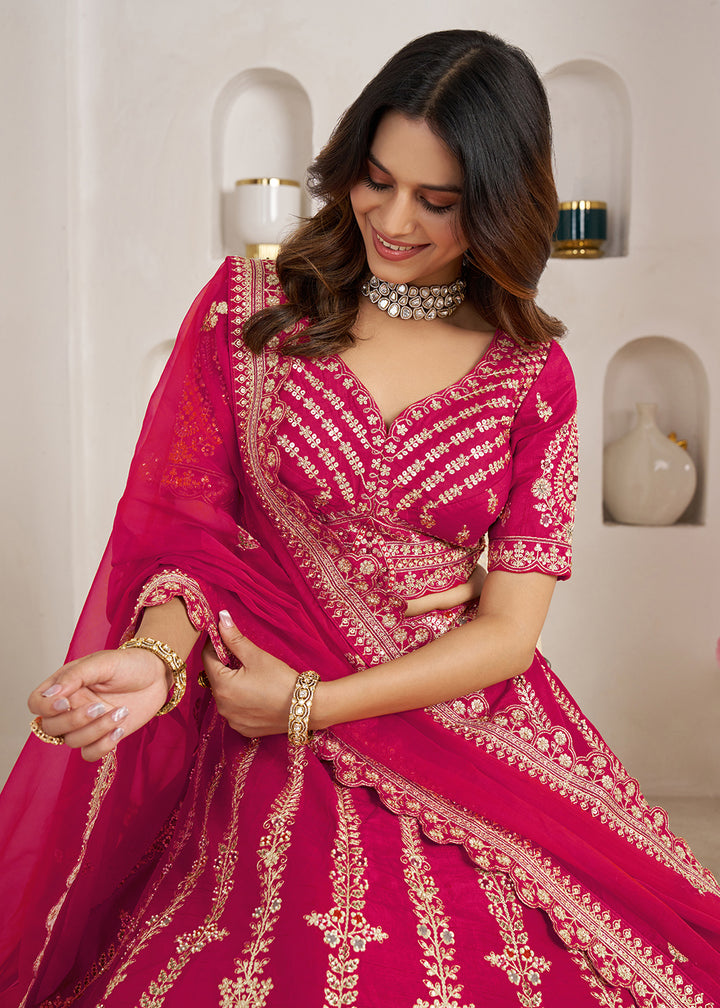 Buy Now Pink Wedding Lehenga Adorned with Floral Zari Embroidery Online in US, UK, Canada, France, Italy, Greece, Sweden, UAE, Denmark &amp; Worldwide at Empress.