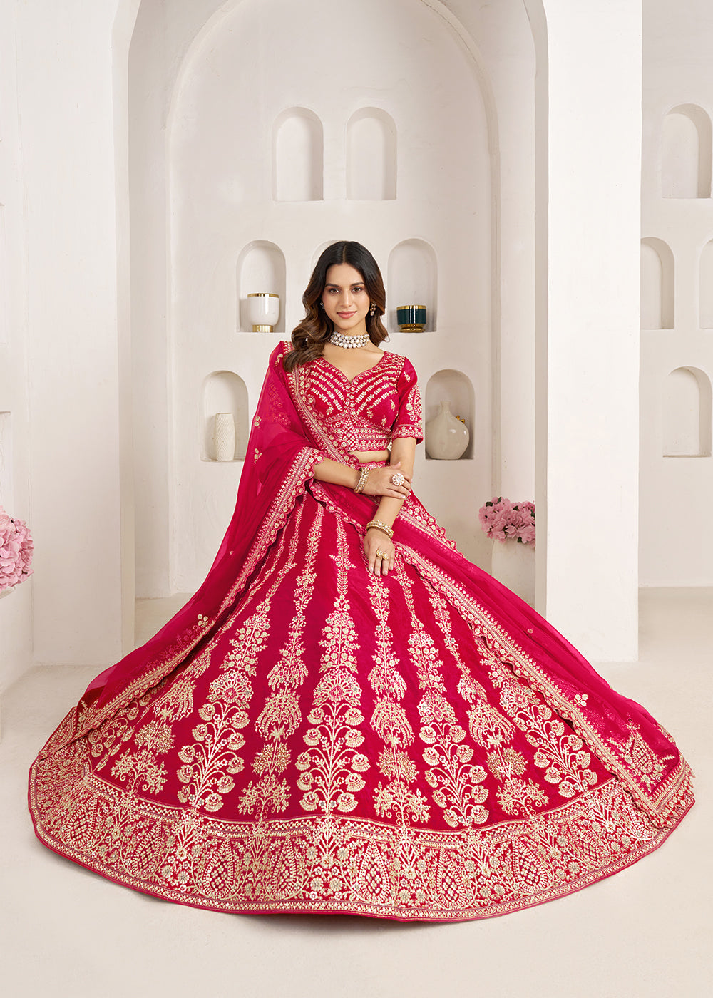 Buy Now Pink Wedding Lehenga Adorned with Floral Zari Embroidery Online in US, UK, Canada, France, Italy, Greece, Sweden, UAE, Denmark &amp; Worldwide at Empress.