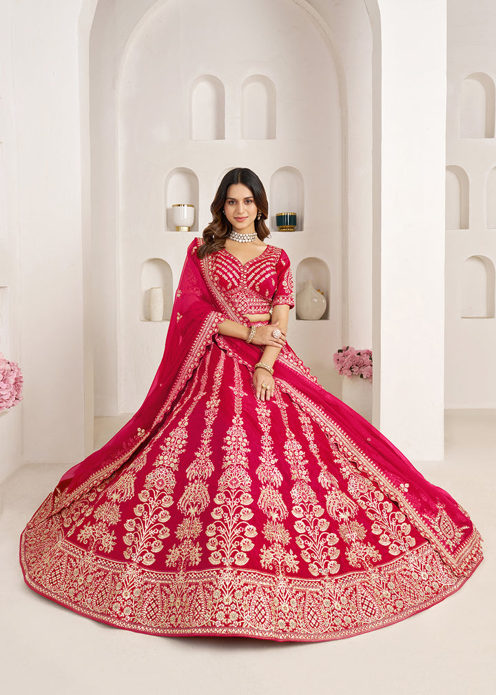 Buy Now Pink Wedding Lehenga Adorned with Floral Zari Embroidery Online in US, UK, Canada, France, Italy, Greece, Sweden, UAE, Denmark &amp; Worldwide at Empress.