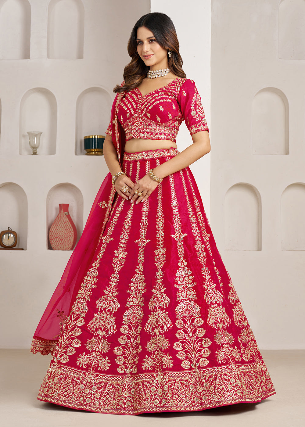 Buy Now Pink Wedding Lehenga Adorned with Floral Zari Embroidery Online in US, UK, Canada, France, Italy, Greece, Sweden, UAE, Denmark &amp; Worldwide at Empress.