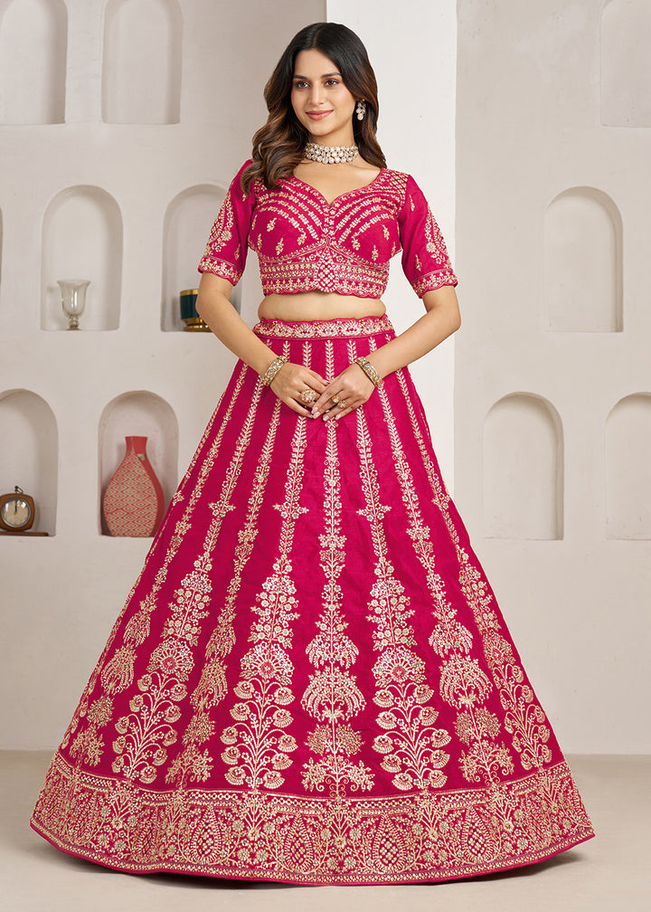 Buy Now Pink Wedding Lehenga Adorned with Floral Zari Embroidery Online in US, UK, Canada, France, Italy, Greece, Sweden, UAE, Denmark &amp; Worldwide at Empress.