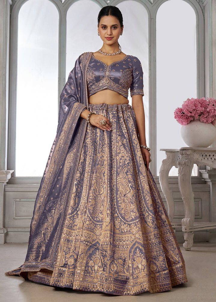 Buy Now Purple Zari Tissue Lehenga Adorned with Delicate Beadwork Online in US, UK, Canada, France, Italy, Greece, Sweden, UAE, Denmark &amp; Worldwide at Empress.