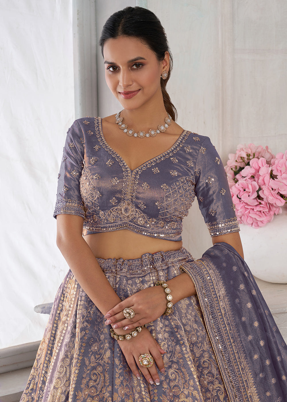 Buy Now Purple Zari Tissue Lehenga Adorned with Delicate Beadwork Online in US, UK, Canada, France, Italy, Greece, Sweden, UAE, Denmark &amp; Worldwide at Empress.
