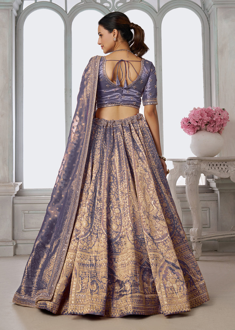 Buy Now Purple Zari Tissue Lehenga Adorned with Delicate Beadwork Online in US, UK, Canada, France, Italy, Greece, Sweden, UAE, Denmark &amp; Worldwide at Empress.