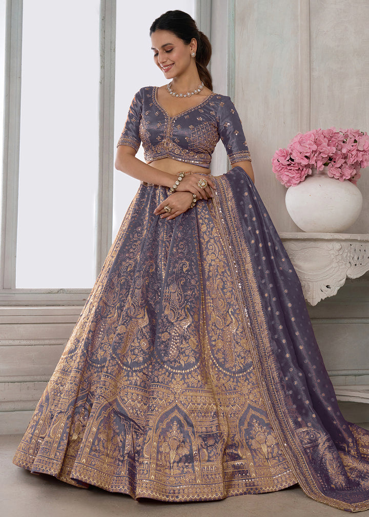 Buy Now Purple Zari Tissue Lehenga Adorned with Delicate Beadwork Online in US, UK, Canada, France, Italy, Greece, Sweden, UAE, Denmark &amp; Worldwide at Empress.