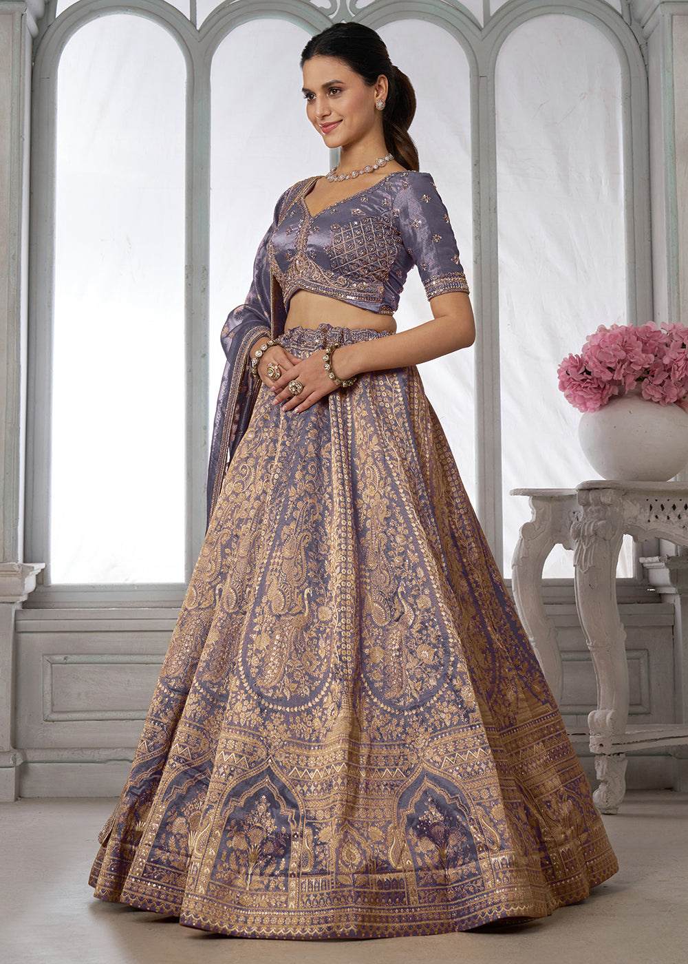 Buy Now Purple Zari Tissue Lehenga Adorned with Delicate Beadwork Online in US, UK, Canada, France, Italy, Greece, Sweden, UAE, Denmark &amp; Worldwide at Empress.