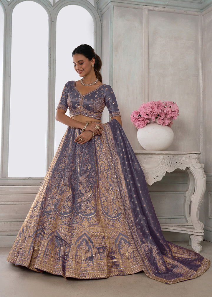 Buy Now Purple Zari Tissue Lehenga Adorned with Delicate Beadwork Online in US, UK, Canada, France, Italy, Greece, Sweden, UAE, Denmark &amp; Worldwide at Empress.