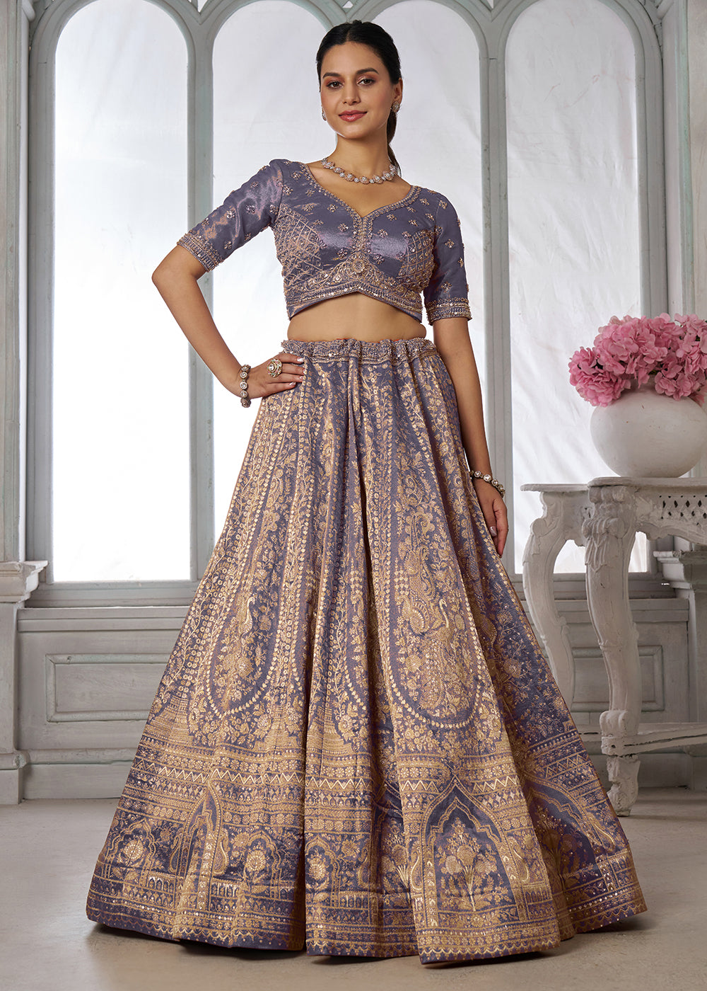 Buy Now Purple Zari Tissue Lehenga Adorned with Delicate Beadwork Online in US, UK, Canada, France, Italy, Greece, Sweden, UAE, Denmark &amp; Worldwide at Empress.