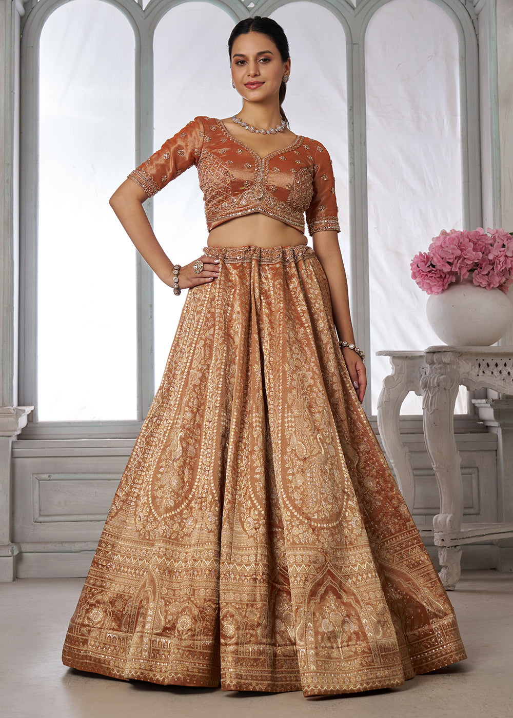 Buy Now Rust Zari Tissue Lehenga Adorned with Delicate Beadwork Online in US, UK, Canada, France, Italy, Greece, Sweden, UAE, Denmark &amp; Worldwide at Empress.