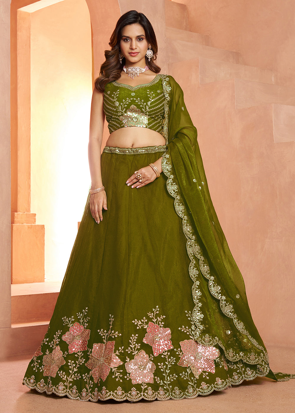 Buy Now Elegant Floral Green Embroidered Tissue Lehenga Choli Online in US, UK, Canada, France, Italy, Greece, Sweden, UAE, Denmark & Worldwide at Empress.