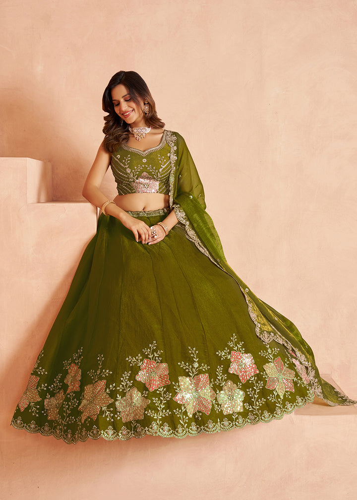 Buy Now Elegant Floral Green Embroidered Tissue Lehenga Choli Online in US, UK, Canada, France, Italy, Greece, Sweden, UAE, Denmark &amp; Worldwide at Empress.