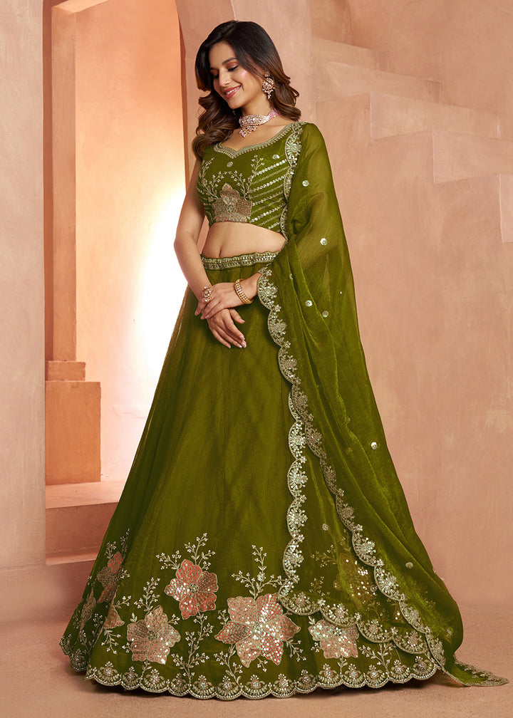 Buy Now Elegant Floral Green Embroidered Tissue Lehenga Choli Online in US, UK, Canada, France, Italy, Greece, Sweden, UAE, Denmark &amp; Worldwide at Empress.