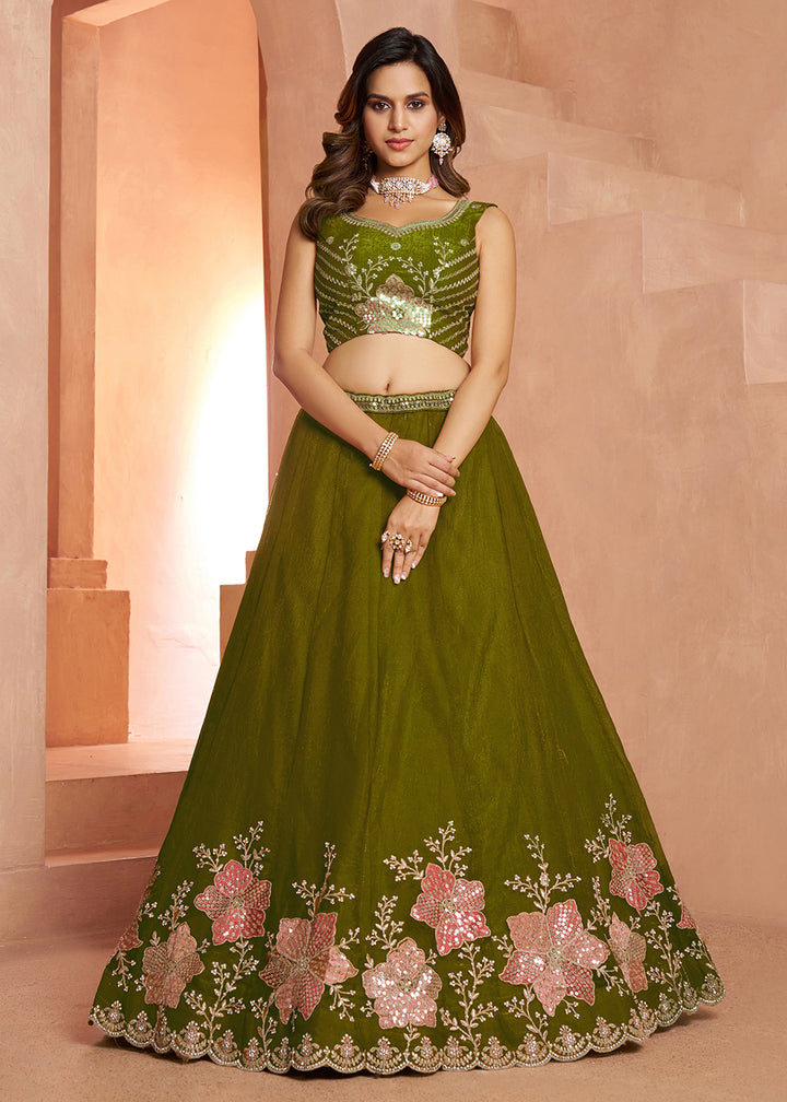 Buy Now Elegant Floral Green Embroidered Tissue Lehenga Choli Online in US, UK, Canada, France, Italy, Greece, Sweden, UAE, Denmark &amp; Worldwide at Empress.