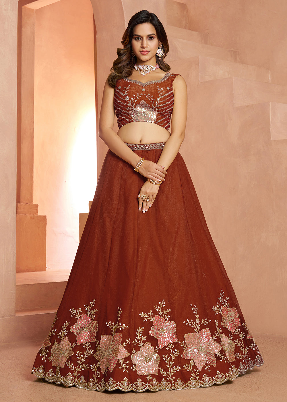 Buy Now Elegant Floral Rust Embroidered Tissue Lehenga Choli Online in US, UK, Canada, France, Italy, Greece, Sweden, UAE, Denmark &amp; Worldwide at Empress.