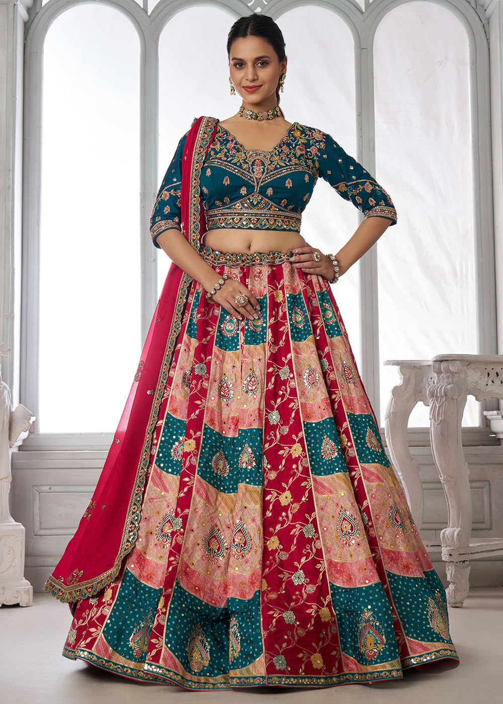 Buy Now Designer Multicolor Blue Lehenga Choli with Embroidered Blouse Online in US, UK, Canada, France, Italy, Greece, Sweden, UAE & Worldwide at Empress.