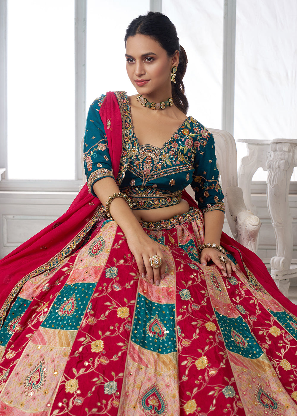 Buy Now Designer Multicolor Blue Lehenga Choli with Embroidered Blouse Online in US, UK, Canada, France, Italy, Greece, Sweden, UAE & Worldwide at Empress.