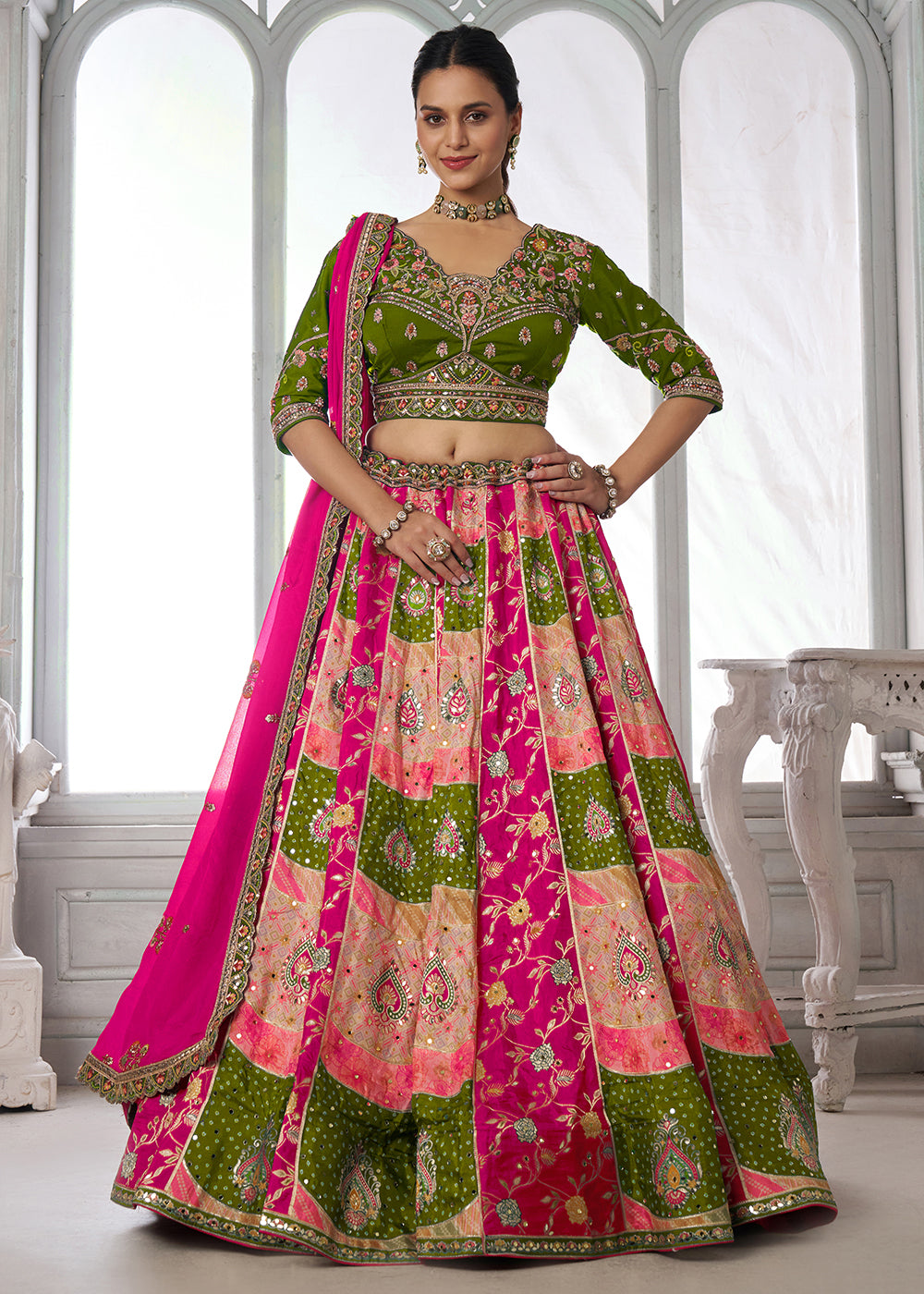Buy Now Designer Multicolor Green Lehenga Choli with Embroidered Blouse Online in US, UK, Canada, France, Italy, Greece, Sweden, UAE & Worldwide at Empress.