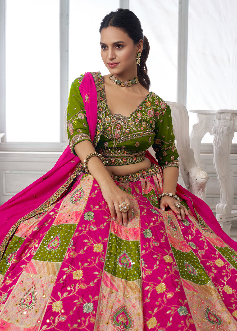 Buy Now Designer Multicolor Green Lehenga Choli with Embroidered Blouse Online in US, UK, Canada, France, Italy, Greece, Sweden, UAE & Worldwide at Empress.