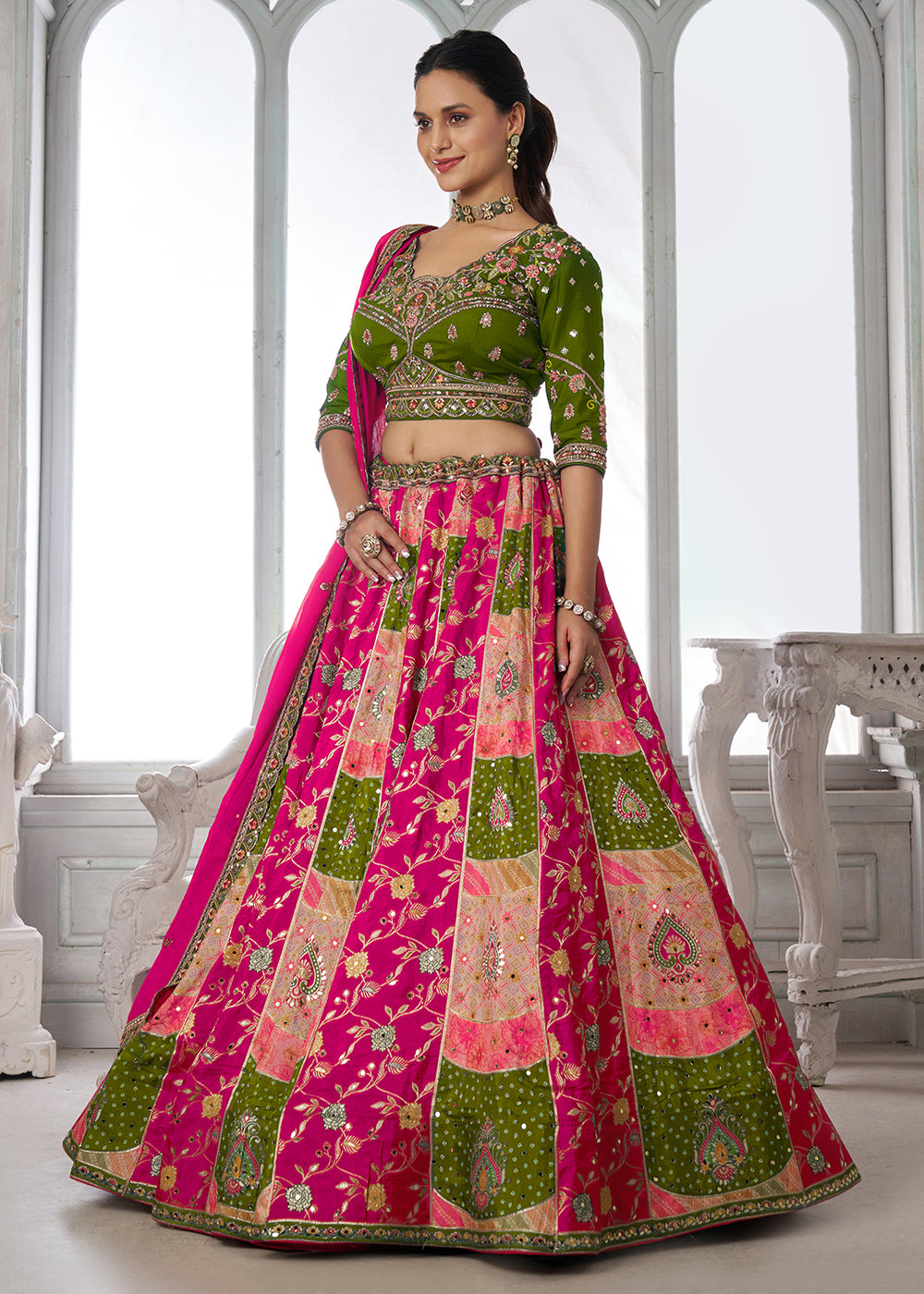 Buy Now Designer Multicolor Green Lehenga Choli with Embroidered Blouse Online in US, UK, Canada, France, Italy, Greece, Sweden, UAE &amp; Worldwide at Empress.