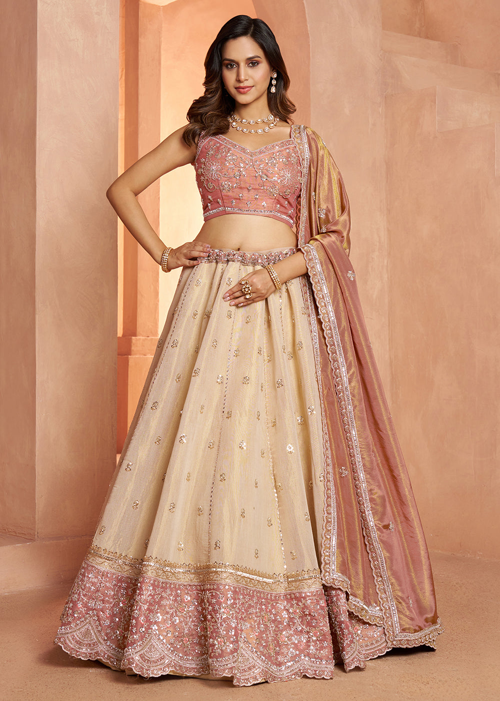 Buy Now Designer Peach  Lehenga with Luxurious Embellished Details Online in US, UK, Canada, France, Italy, Greece, Sweden, UAE, Denmark & Worldwide at Empress.