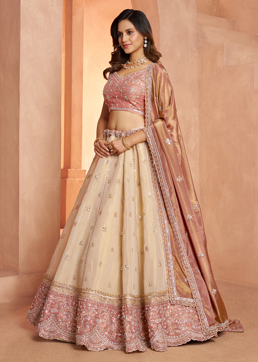 Buy Now Designer Peach  Lehenga with Luxurious Embellished Details Online in US, UK, Canada, France, Italy, Greece, Sweden, UAE, Denmark &amp; Worldwide at Empress.
