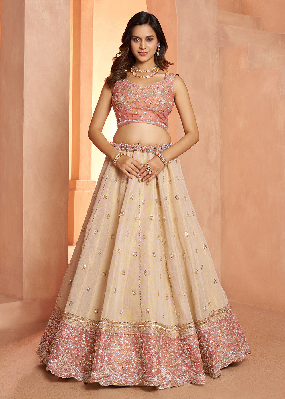 Buy Now Designer Peach  Lehenga with Luxurious Embellished Details Online in US, UK, Canada, France, Italy, Greece, Sweden, UAE, Denmark &amp; Worldwide at Empress.