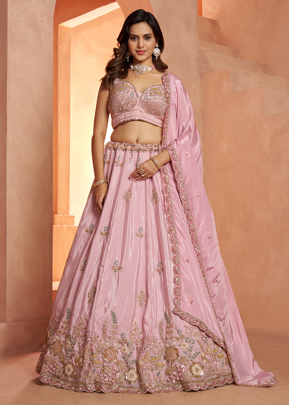 Buy Now Pastel Pink Floral Embroidered Designer Lehenga Set Online in US, UK, Canada, France, Italy, Greece, Sweden, UAE, Denmark & Worldwide at Empress.