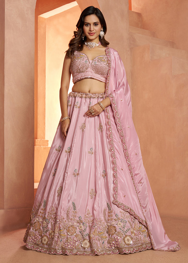 Buy Now Pastel Pink Floral Embroidered Designer Lehenga Set Online in US, UK, Canada, France, Italy, Greece, Sweden, UAE, Denmark &amp; Worldwide at Empress.