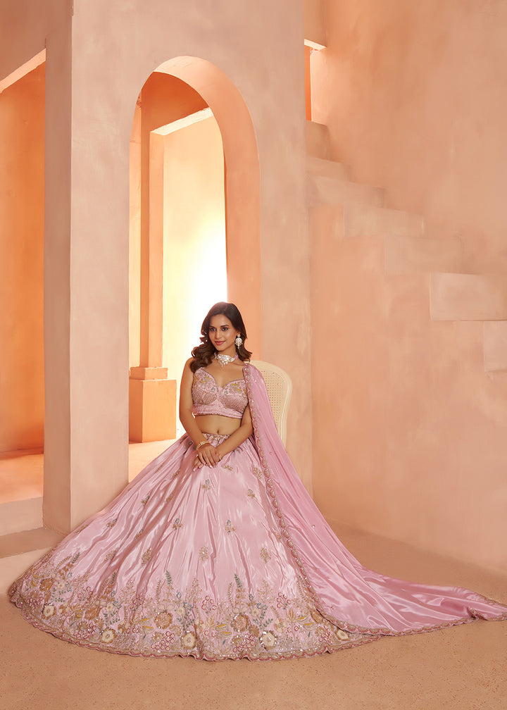 Buy Now Pastel Pink Floral Embroidered Designer Lehenga Set Online in US, UK, Canada, France, Italy, Greece, Sweden, UAE, Denmark &amp; Worldwide at Empress.