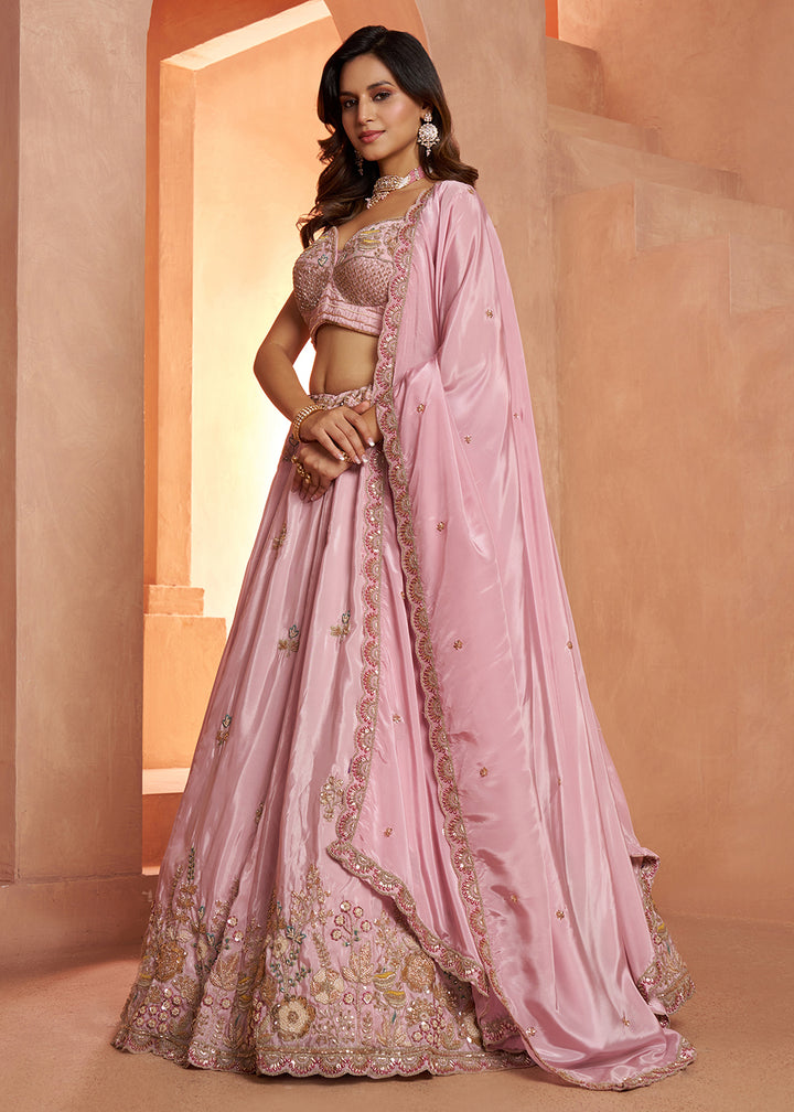 Buy Now Pastel Pink Floral Embroidered Designer Lehenga Set Online in US, UK, Canada, France, Italy, Greece, Sweden, UAE, Denmark &amp; Worldwide at Empress.