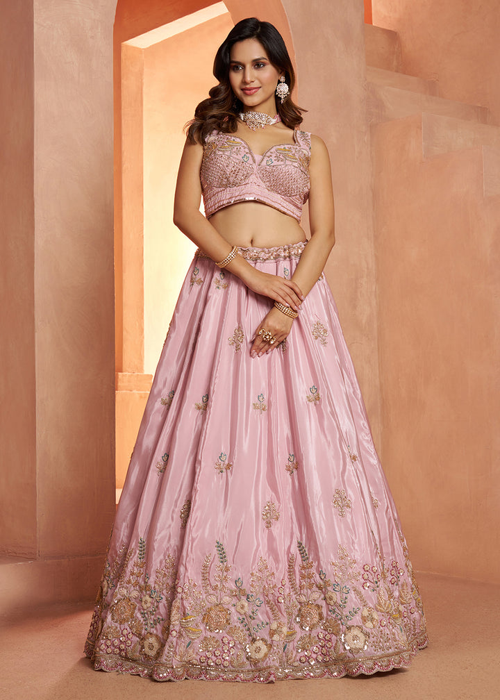 Buy Now Pastel Pink Floral Embroidered Designer Lehenga Set Online in US, UK, Canada, France, Italy, Greece, Sweden, UAE, Denmark &amp; Worldwide at Empress.