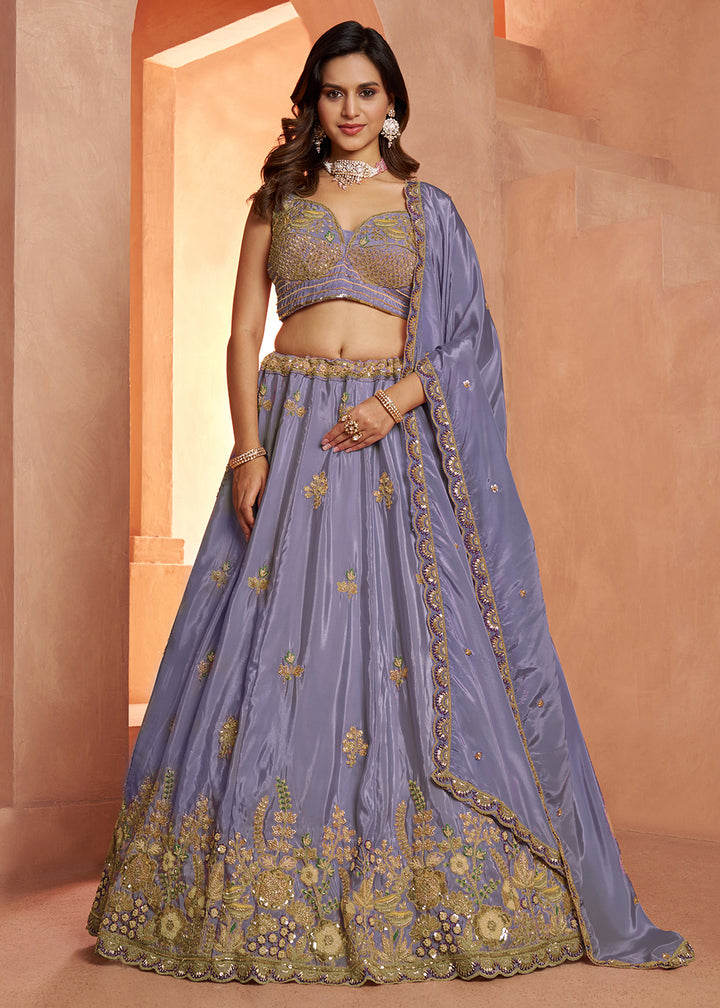 Buy Now Pastel Purple Floral Embroidered Designer Lehenga Set Online in US, UK, Canada, France, Italy, Greece, Sweden, UAE, Denmark &amp; Worldwide at Empress.