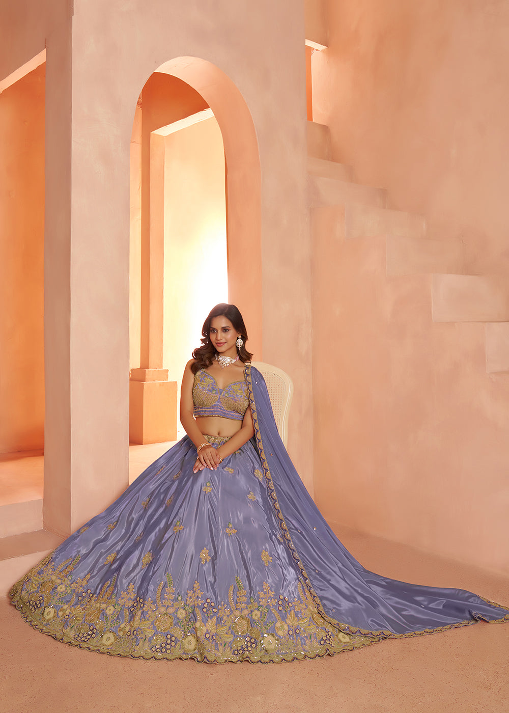 Buy Now Pastel Purple Floral Embroidered Designer Lehenga Set Online in US, UK, Canada, France, Italy, Greece, Sweden, UAE, Denmark &amp; Worldwide at Empress.