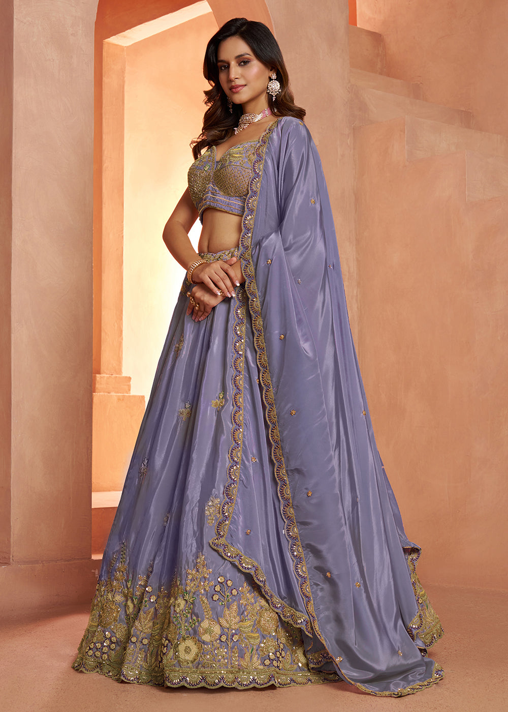 Buy Now Pastel Purple Floral Embroidered Designer Lehenga Set Online in US, UK, Canada, France, Italy, Greece, Sweden, UAE, Denmark &amp; Worldwide at Empress.