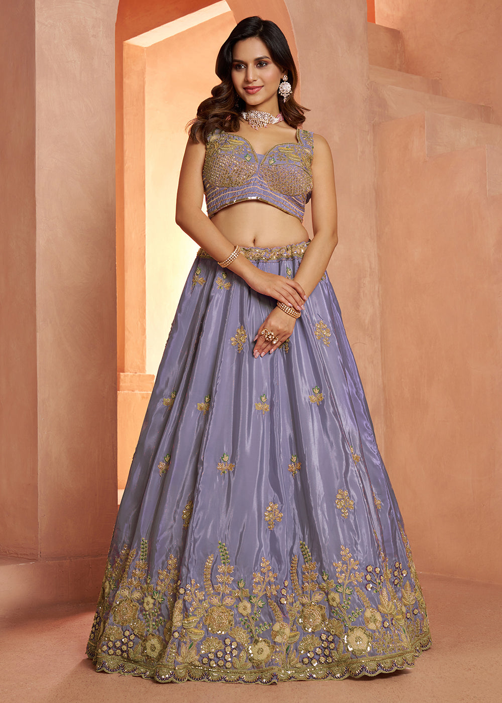 Buy Now Pastel Purple Floral Embroidered Designer Lehenga Set Online in US, UK, Canada, France, Italy, Greece, Sweden, UAE, Denmark &amp; Worldwide at Empress.