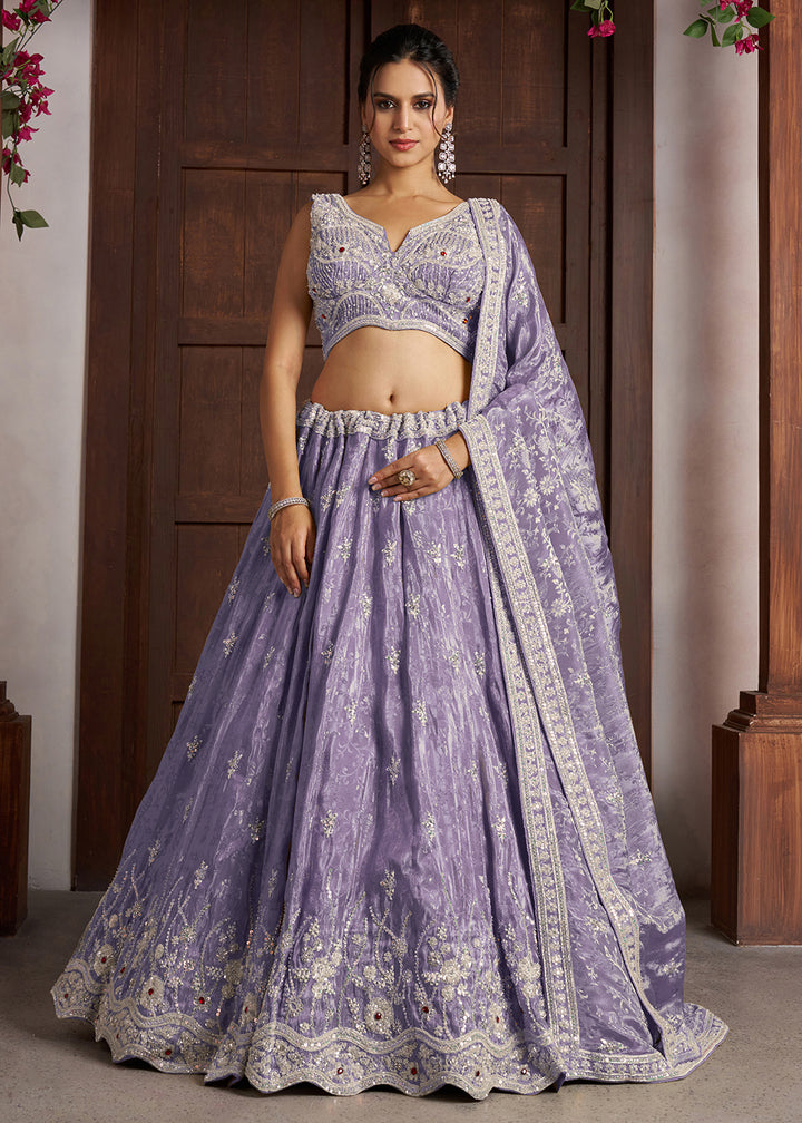 Buy Now Purple Banarasi Tissue Lehenga Adorned with Beads Embellishments Online in US, UK, Canada, France, Italy, Greece, Sweden, UAE &amp; Worldwide at Empress.