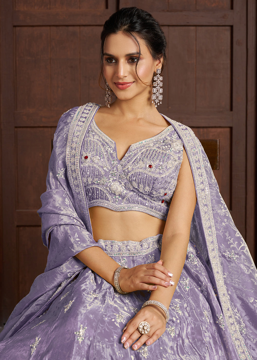 Buy Now Purple Banarasi Tissue Lehenga Adorned with Beads Embellishments Online in US, UK, Canada, France, Italy, Greece, Sweden, UAE &amp; Worldwide at Empress.