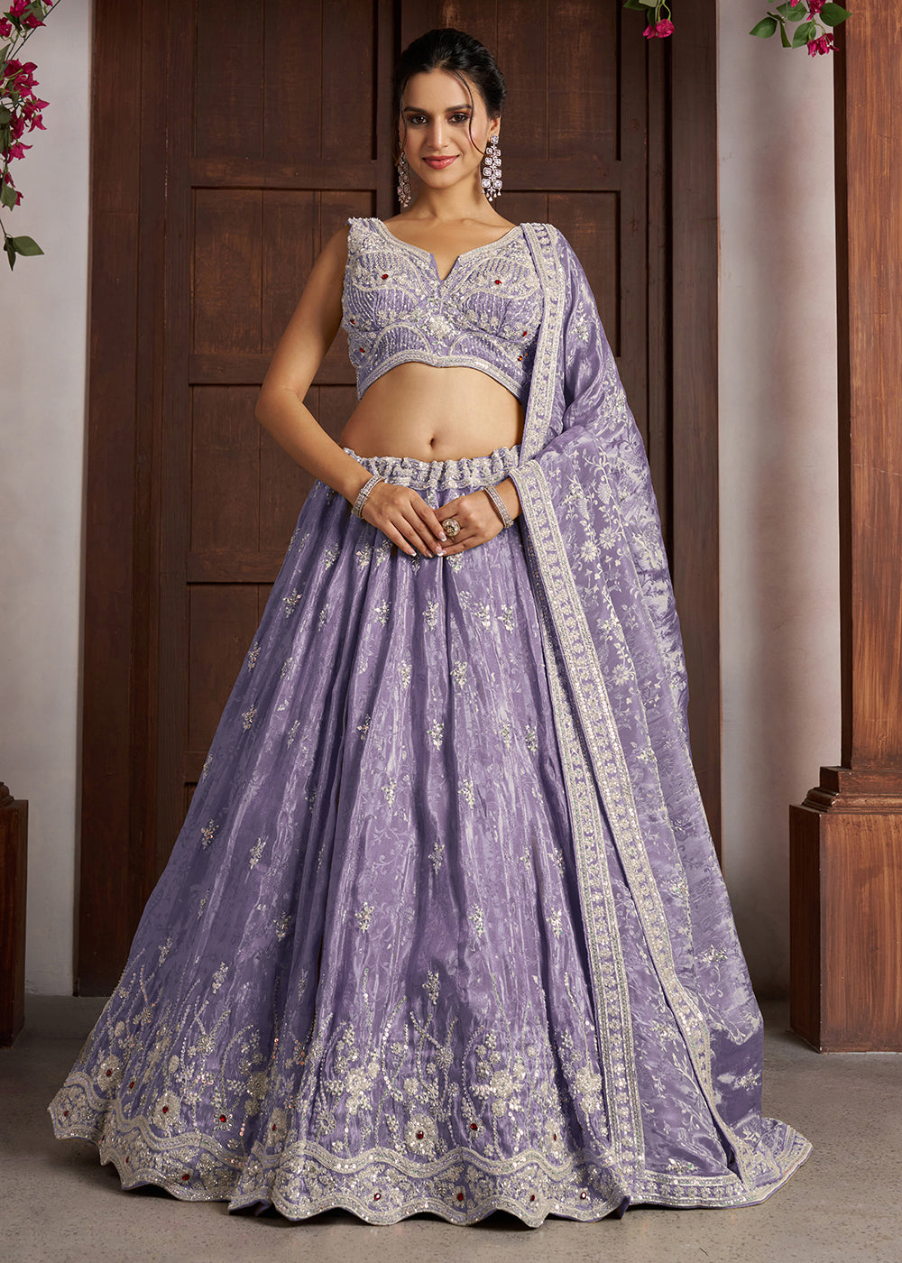 Buy Now Purple Banarasi Tissue Lehenga Adorned with Beads Embellishments Online in US, UK, Canada, France, Italy, Greece, Sweden, UAE &amp; Worldwide at Empress.