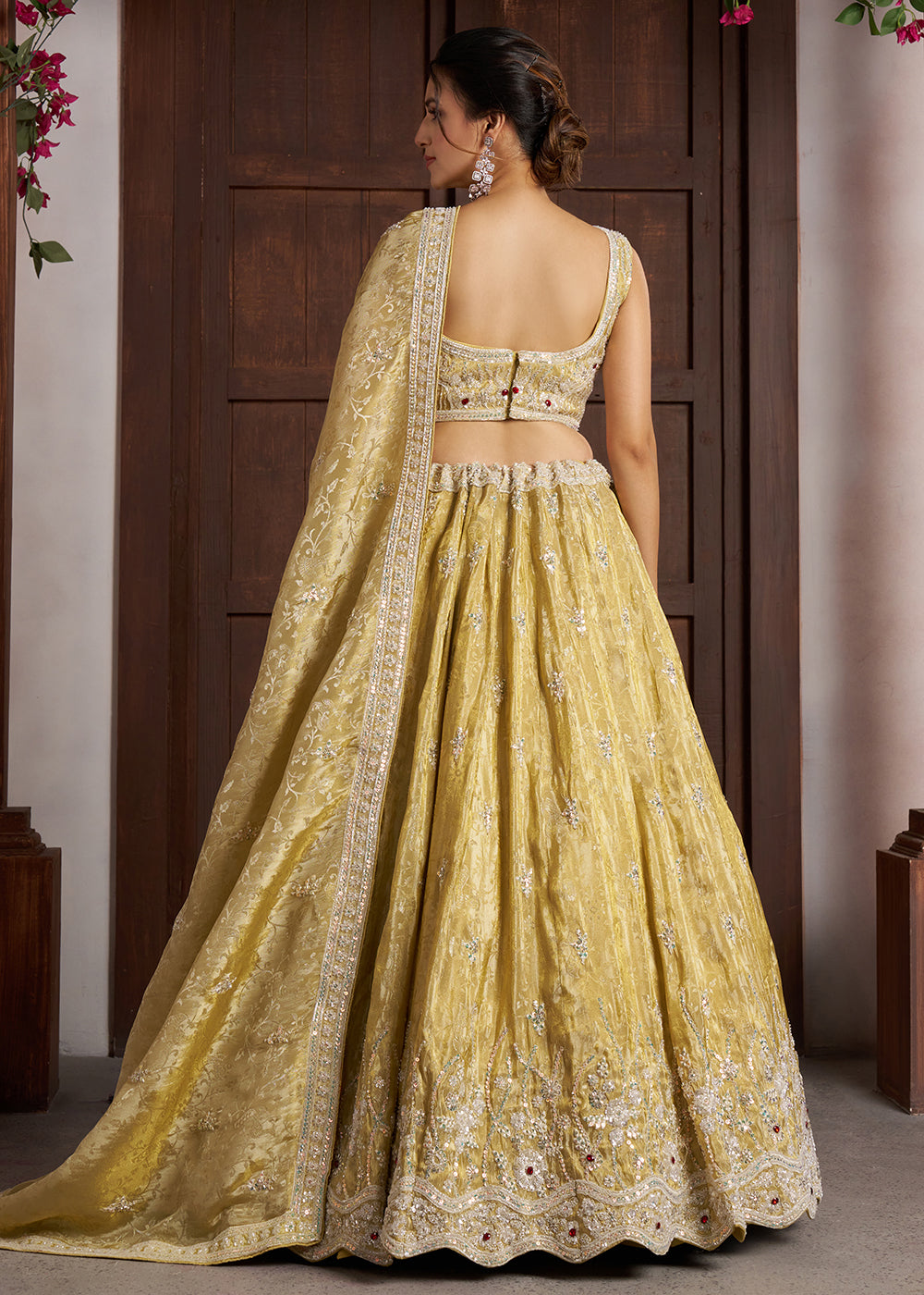 Buy Now Yellow Banarasi Tissue Lehenga Adorned with Beads Embellishments Online in US, UK, Canada, France, Italy, Greece, Sweden, UAE &amp; Worldwide at Empress.