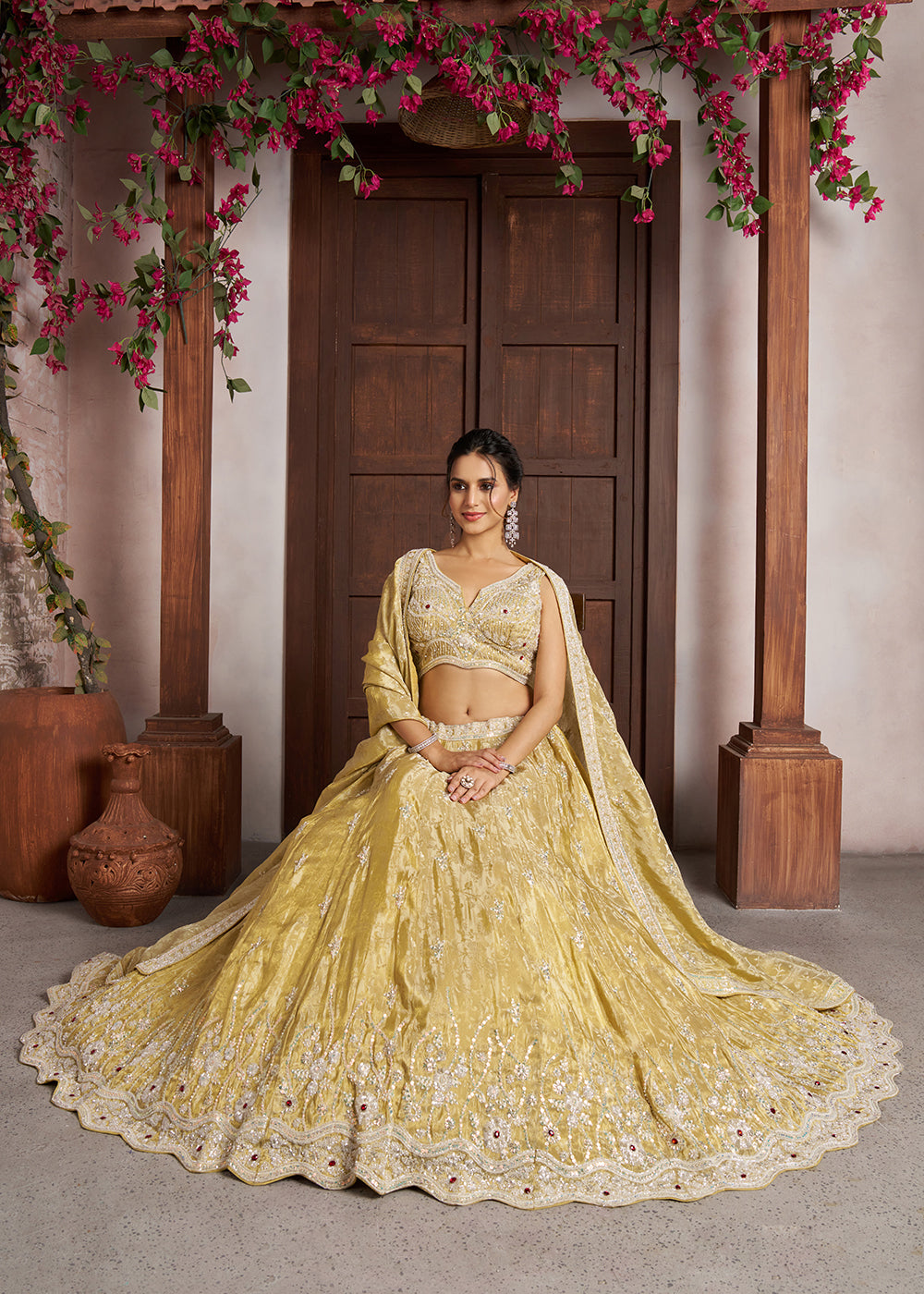 Buy Now Yellow Banarasi Tissue Lehenga Adorned with Beads Embellishments Online in US, UK, Canada, France, Italy, Greece, Sweden, UAE &amp; Worldwide at Empress.