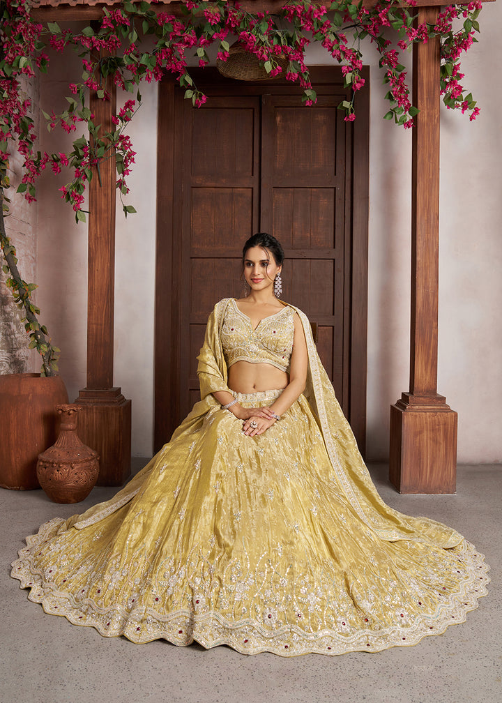 Buy Now Yellow Banarasi Tissue Lehenga Adorned with Beads Embellishments Online in US, UK, Canada, France, Italy, Greece, Sweden, UAE &amp; Worldwide at Empress.