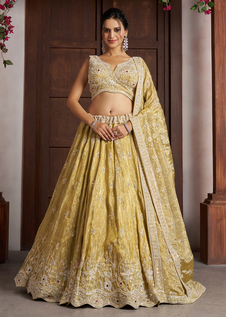 Buy Now Yellow Banarasi Tissue Lehenga Adorned with Beads Embellishments Online in US, UK, Canada, France, Italy, Greece, Sweden, UAE &amp; Worldwide at Empress.