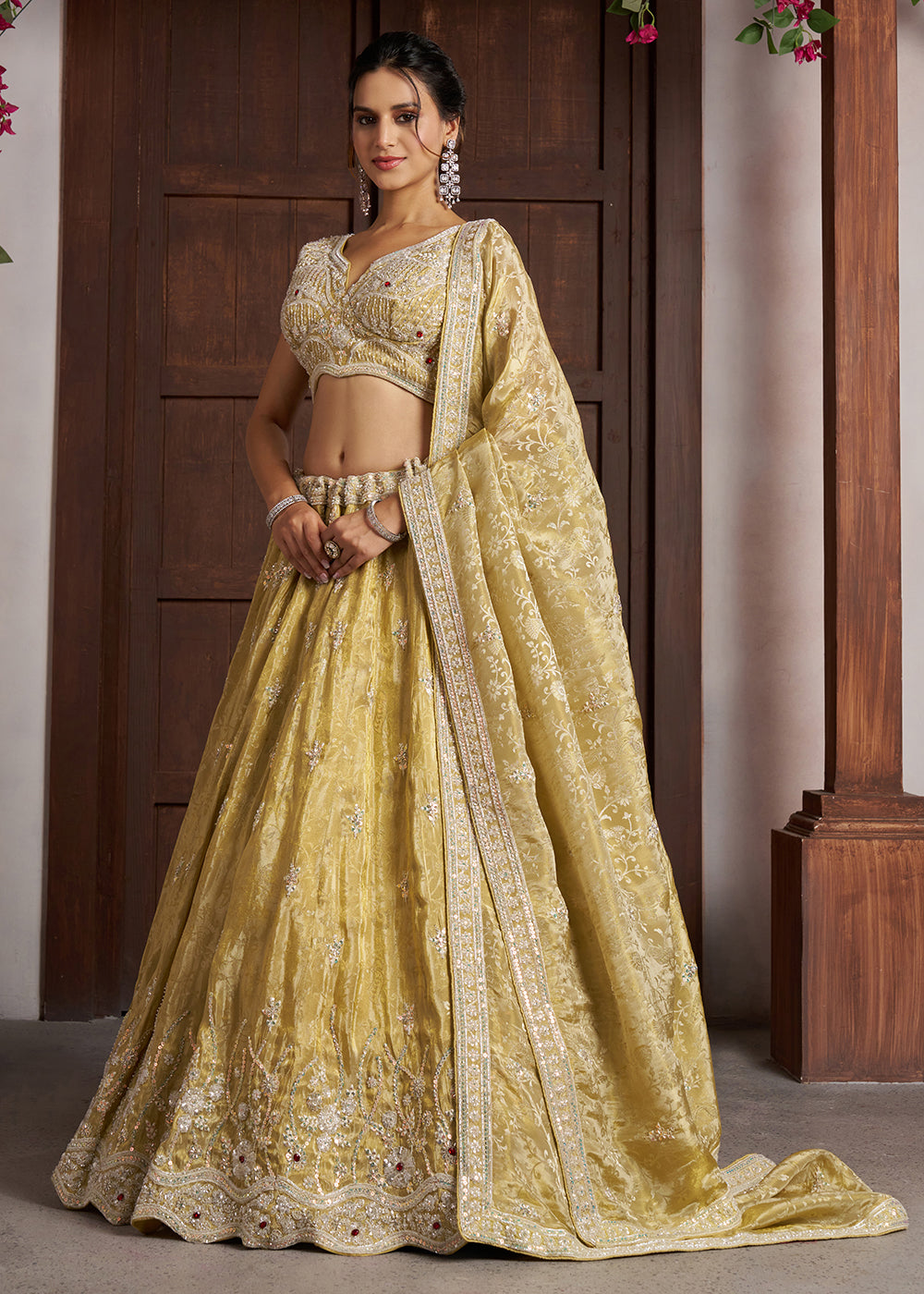 Buy Now Yellow Banarasi Tissue Lehenga Adorned with Beads Embellishments Online in US, UK, Canada, France, Italy, Greece, Sweden, UAE &amp; Worldwide at Empress.