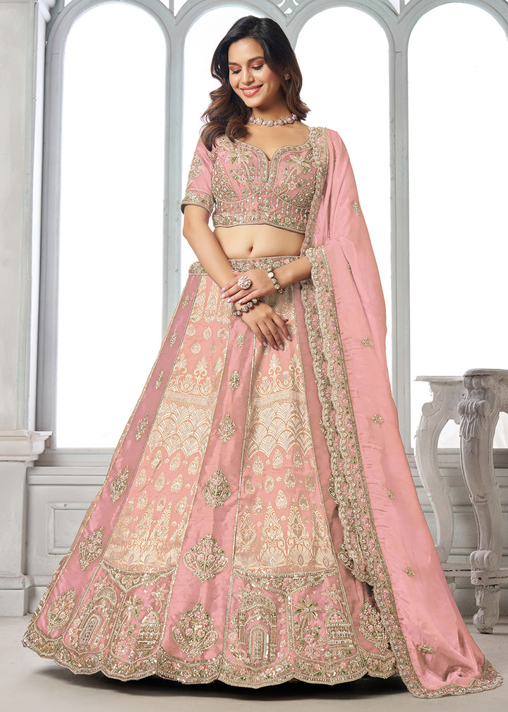 Buy Now Designer Pink Raw Silk Lehenga with Intricate Embroidered Detailing Online in US, UK, Canada, France, Italy, Greece, Sweden, UAE &amp; Worldwide at Empress.