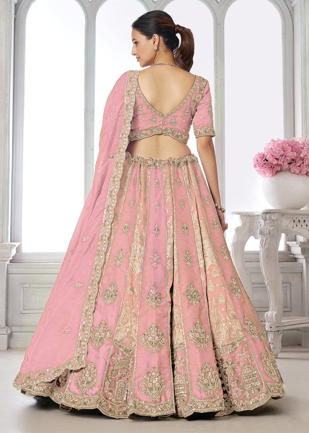 Buy Now Designer Pink Raw Silk Lehenga with Intricate Embroidered Detailing Online in US, UK, Canada, France, Italy, Greece, Sweden, UAE &amp; Worldwide at Empress.