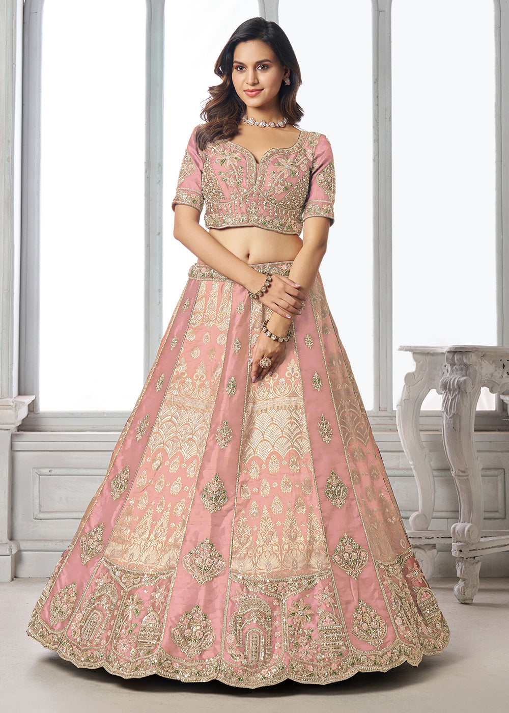 Buy Now Designer Pink Raw Silk Lehenga with Intricate Embroidered Detailing Online in US, UK, Canada, France, Italy, Greece, Sweden, UAE &amp; Worldwide at Empress.