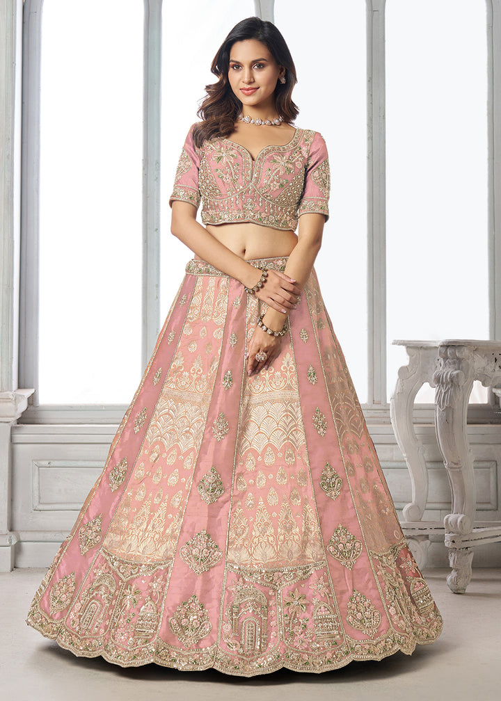 Buy Now Designer Pink Raw Silk Lehenga with Intricate Embroidered Detailing Online in US, UK, Canada, France, Italy, Greece, Sweden, UAE &amp; Worldwide at Empress.