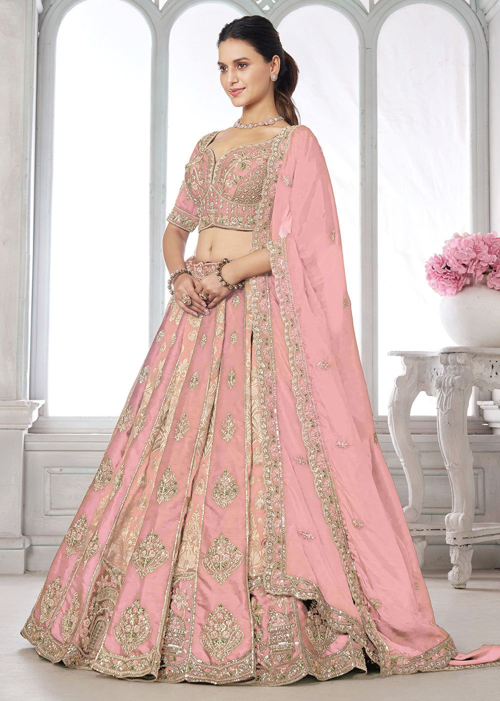 Buy Now Designer Pink Raw Silk Lehenga with Intricate Embroidered Detailing Online in US, UK, Canada, France, Italy, Greece, Sweden, UAE &amp; Worldwide at Empress.