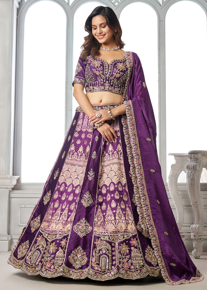 Buy Now Designer Purple Silk Lehenga with Intricate Embroidered Detailing Online in US, UK, Canada, France, Italy, Greece, Sweden, UAE &amp; Worldwide at Empress.
