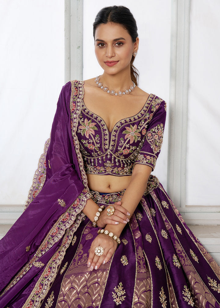 Buy Now Designer Purple Silk Lehenga with Intricate Embroidered Detailing Online in US, UK, Canada, France, Italy, Greece, Sweden, UAE &amp; Worldwide at Empress.